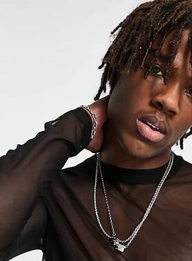 2023夏季新款网眼长袖落肩透视t恤男士网纱打底衫潮Men's T-S