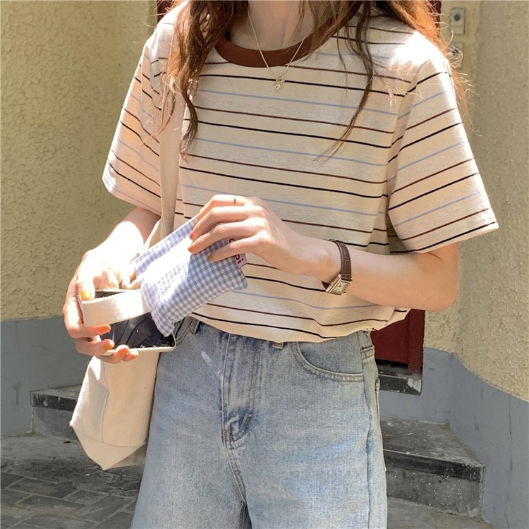 条纹短袖t恤女ins潮2022夏季新款体恤韩版宽松撞色小清新纯棉上衣