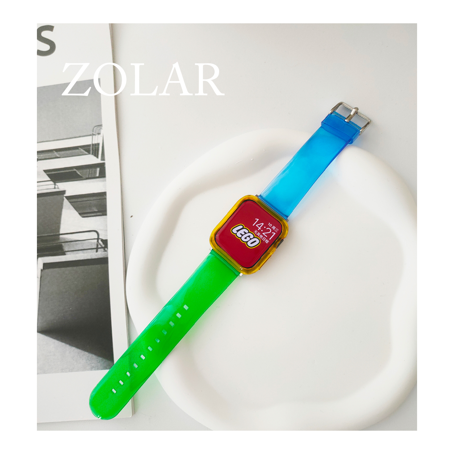 ZOLAR积木拼色款透明硅胶苹果表带适用iwatch8代7654SE柔软抗氧化-图2