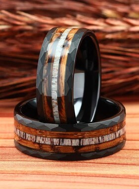 跨境爆款不锈钢戒指捶纹电黑戒指镶化石纹钨金戒指欧美热销指环