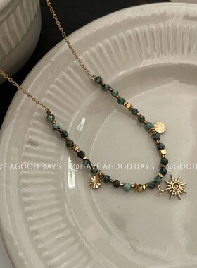 复古太阳绿松石项链高级感轻奢风小众设计锁骨链个性颈链时尚新款