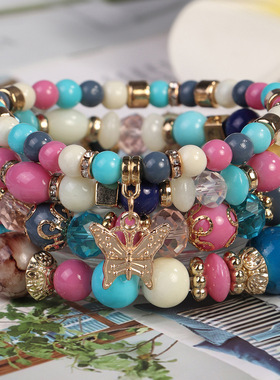欧美新款波西米亚民族风水晶多层手链蝴蝶吊坠串珠手饰品文艺复古