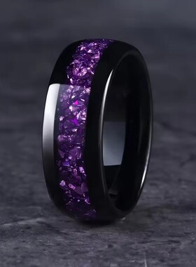 跨境爆款不锈钢戒指优雅蓝紫色星空花卉戒指简约镶嵌男式指环