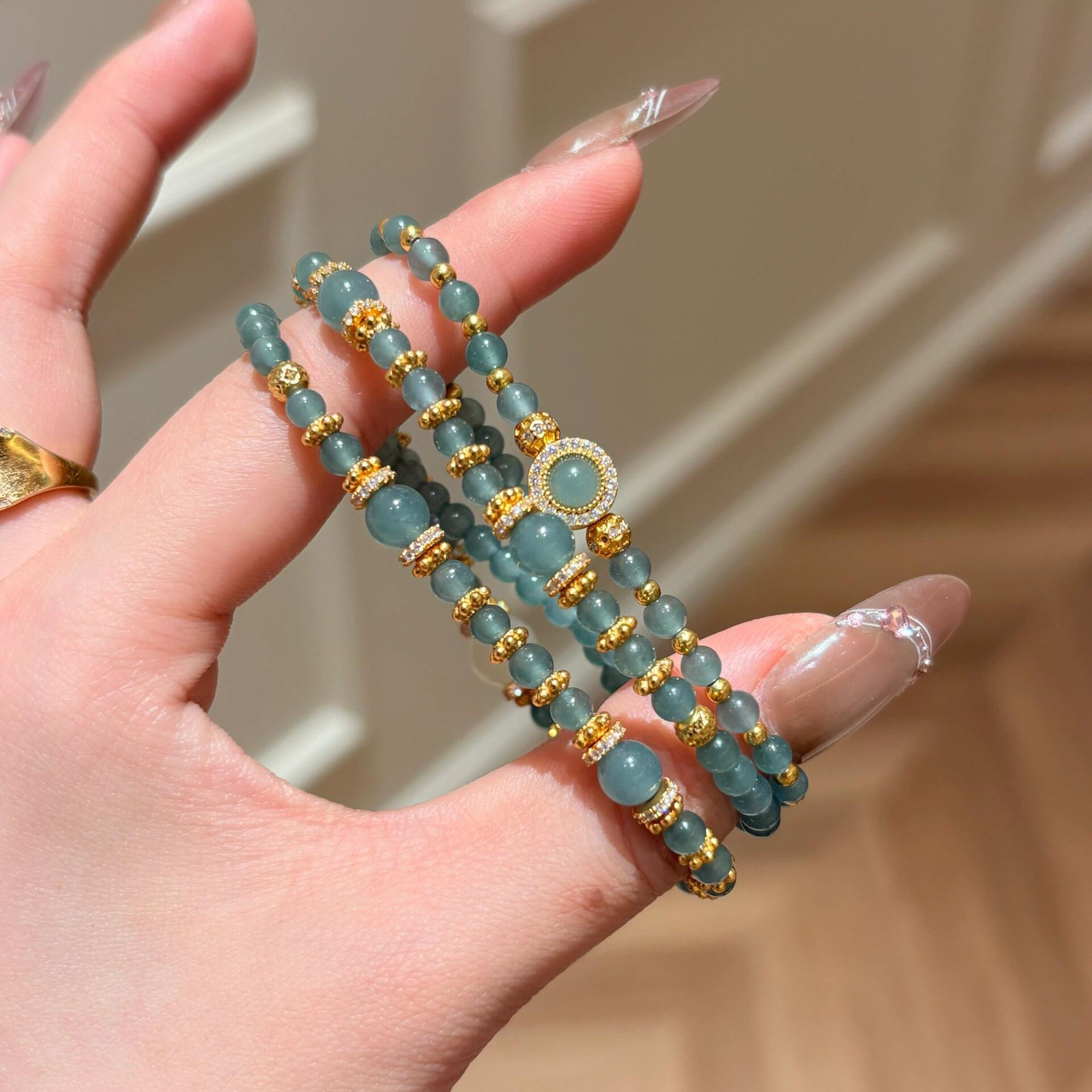 Natural ice permeable dangerous material blue water jade millet bead necklace multi-circle bracelet ring set sweater chain temperament versatile