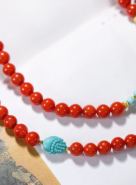 天然满色满肉南红玛瑙项链文玩多圈手串本命年红色毛衣链l配松石