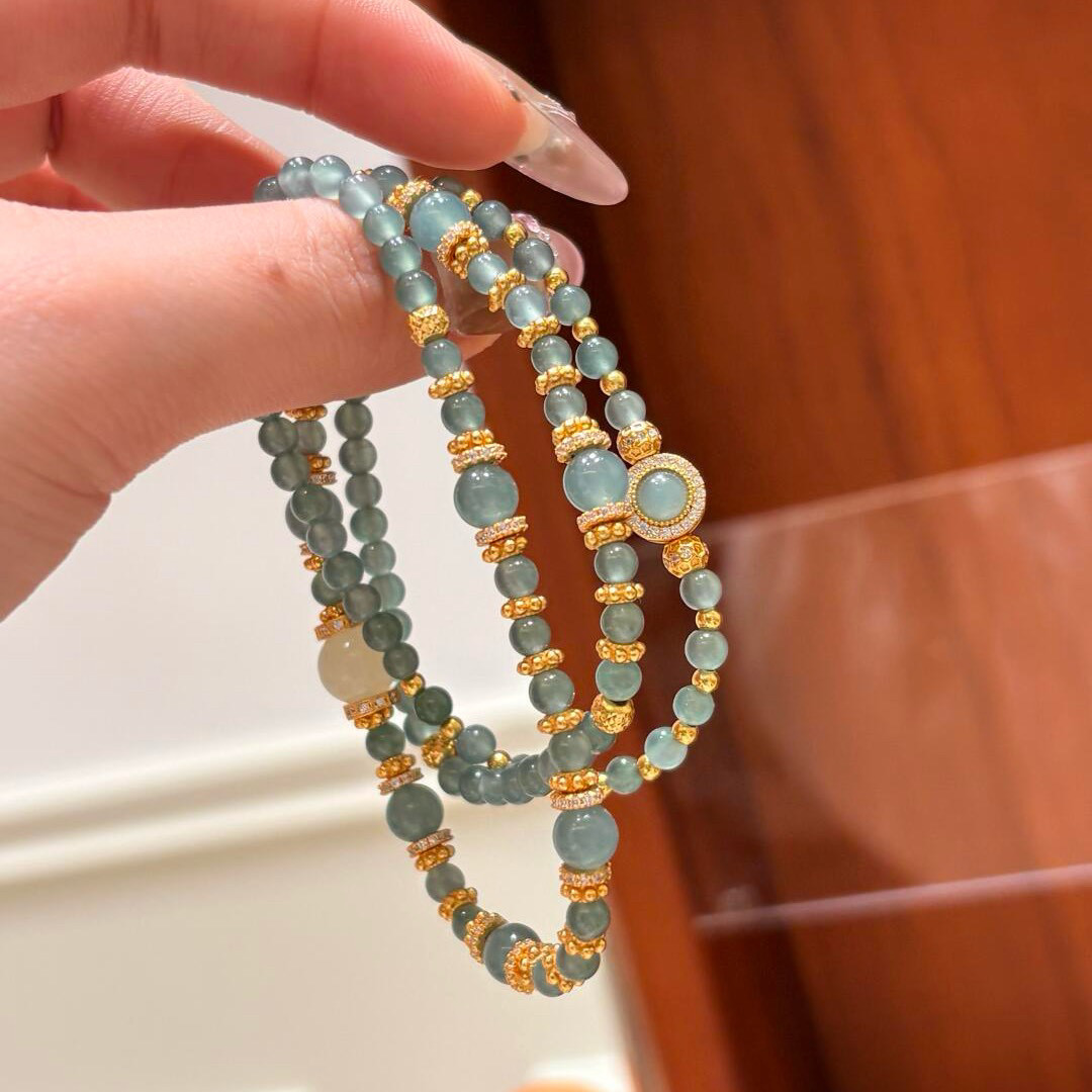Natural ice permeable dangerous material blue water jade millet bead necklace multi-circle bracelet ring set sweater chain temperament versatile