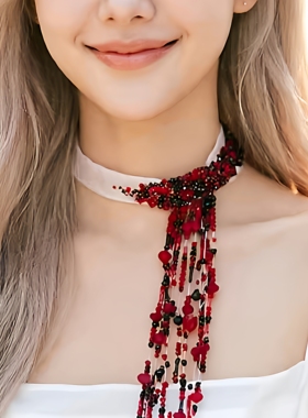 新款中国风红色串珠流苏项链暗黑风cos装扮鬼新娘道具锁骨链颈链