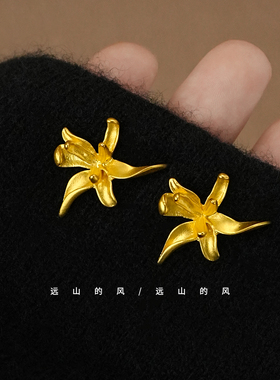 远山的风  莲 法式复古金属哑光花朵耳环轻奢耳钉A0172