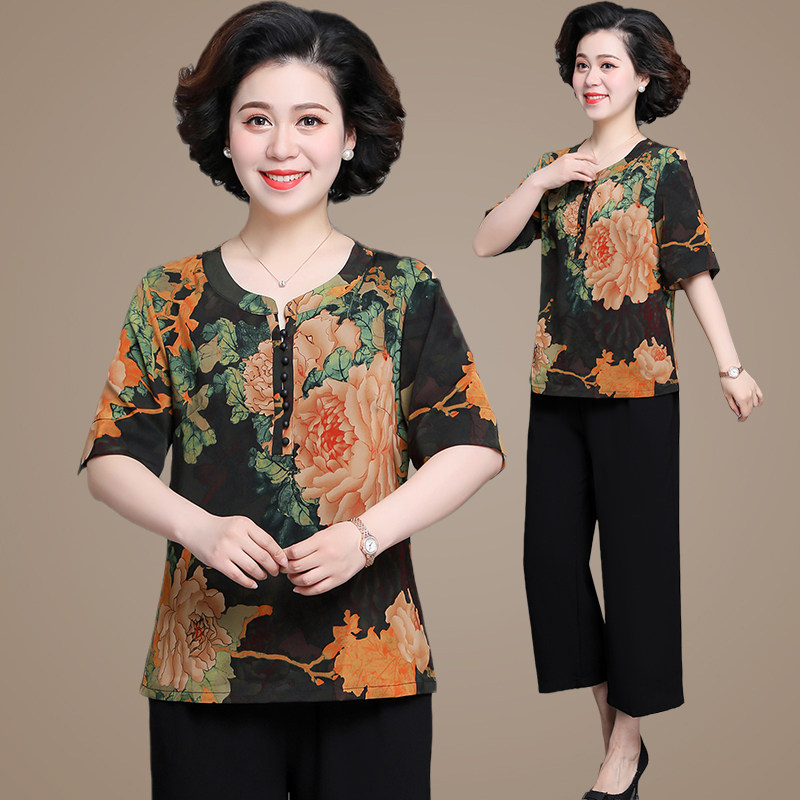 中老年女装夏季洋气短袖50岁t恤衫 烟花絮中老年女装