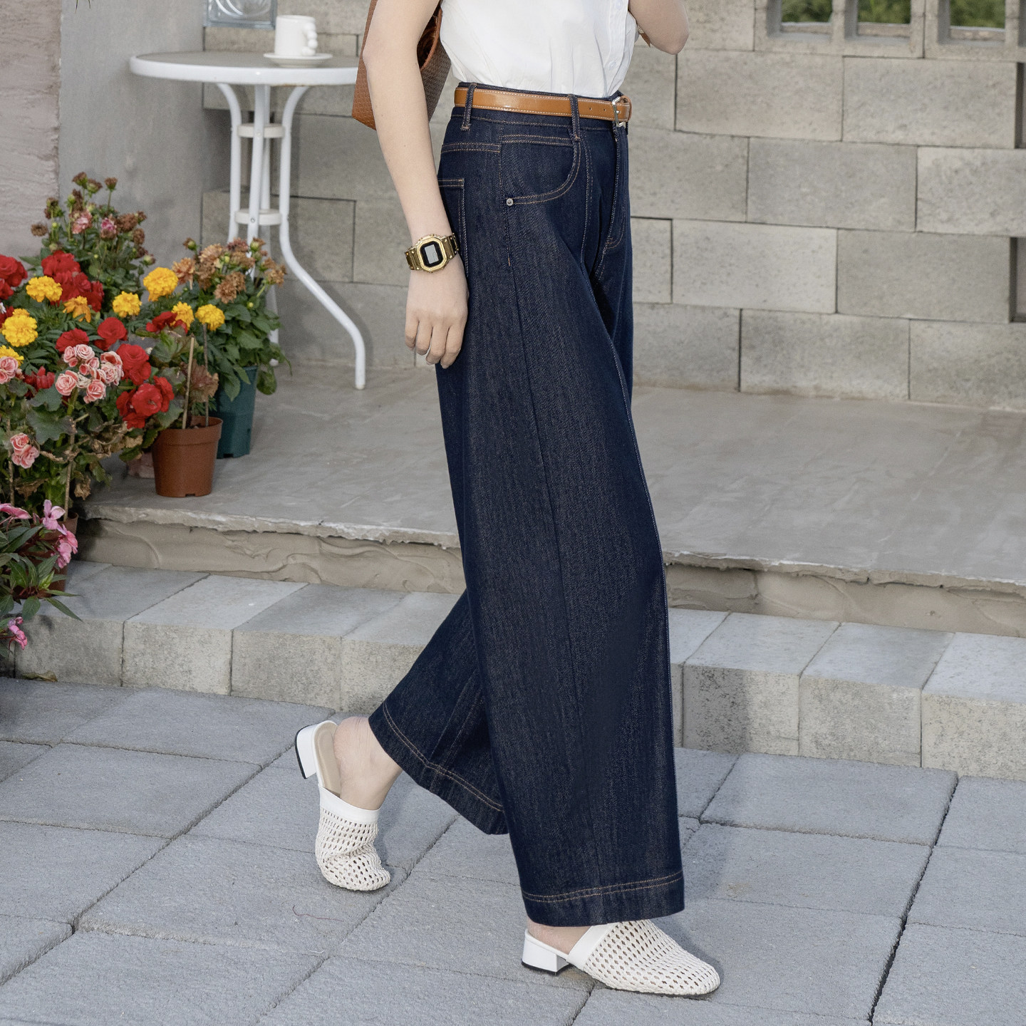 丹宁蓝小个子天丝阔腿牛仔裤女春季2026新款宽松直筒九分裤配腰带,淘宝优惠券,粉丝福利购,淘宝优惠卷