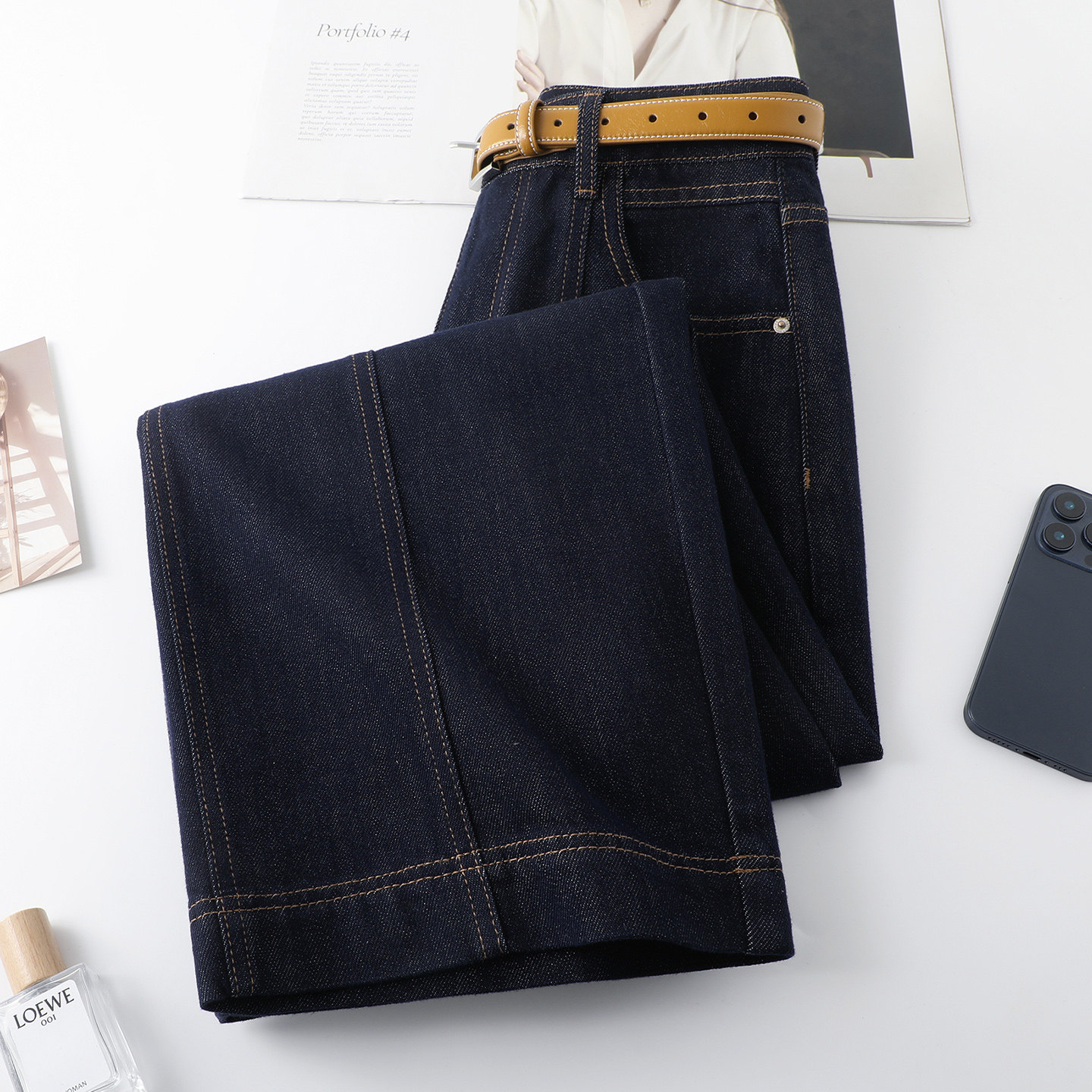 丹宁蓝小个子天丝阔腿牛仔裤女春季2026新款宽松直筒九分裤配腰带,淘宝优惠券,粉丝福利购,淘宝优惠卷