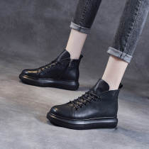 Boomer Head Layer Bull Leather High Drum Shoes Women 2022 Summer New Bag Shoes Black Old Daddy Shoes Genuine Leather Women Shoes Casual Shoes