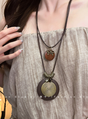 新中式长款古铜螺纹圆盘项链女