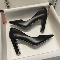 Net red small sub-pointed coarse heel temperament high heel shoe woman black not tired feet fit dress design feeling small number of shoes