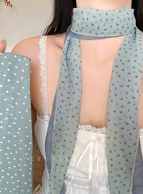 韩国绿色碎花丝巾高级感系脖文艺风薄款领巾春夏长条护颈围脖