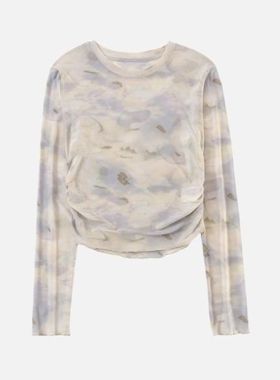 2025夏季百搭晕染网纱显瘦长袖防晒衫女新款辣妹外穿褶皱打底衫