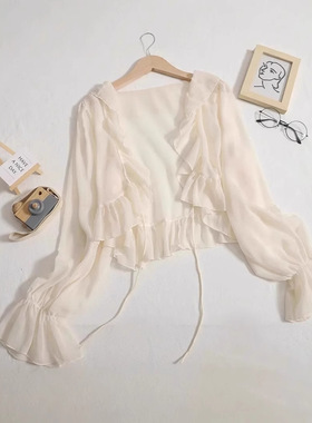 2024夏季新款小仙女荷叶边针织开衫系带喇叭袖半透明防晒衣长袖