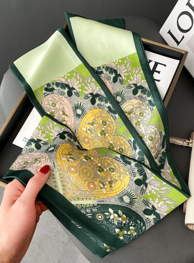 春季百搭绿色丛林仿真丝丝巾女长条领巾绑包包飘带细窄围巾