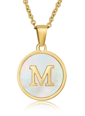 跨境欧美不锈钢彩色贝壳字母项链女外贸18K金色滴油钛钢字母吊坠