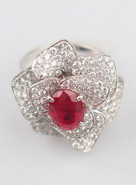 中古鸽血红红宝石花形钻石戒指