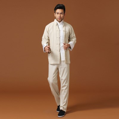 高档棉亚麻太极拳练功服套装 中年男士长袖武术服唐装外套 功夫表