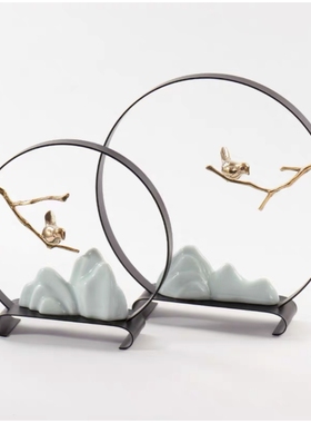 新中式陶瓷假山金属铜鸟摆件客厅别墅酒柜玄关样板房家居软装饰品