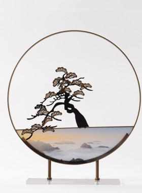 新中式装饰摆件松树工艺品客厅饰品样板房售楼部软装玄关软装摆设