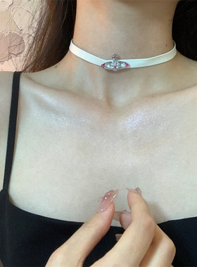 甜酷辣妹镶钻土星pu皮项链choker