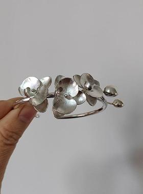 原创手作蝴蝶兰古风999足银手镯