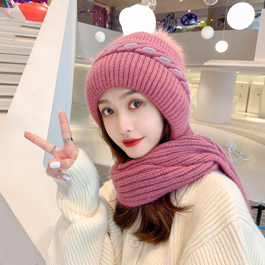 Rabbit fur knitted scarf integrated winter cycling hat