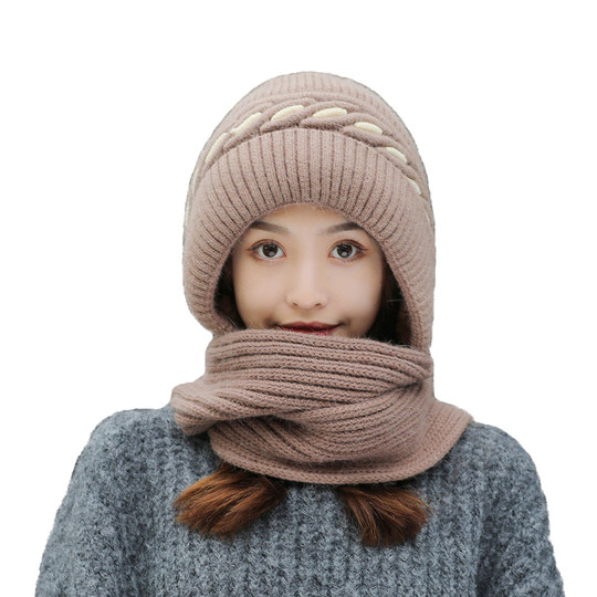 Rabbit fur knitted scarf integrated winter cycling hat