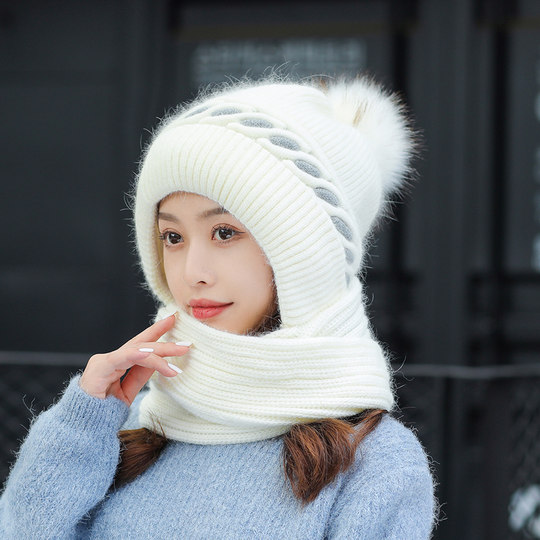 Rabbit fur knitted scarf integrated winter cycling hat