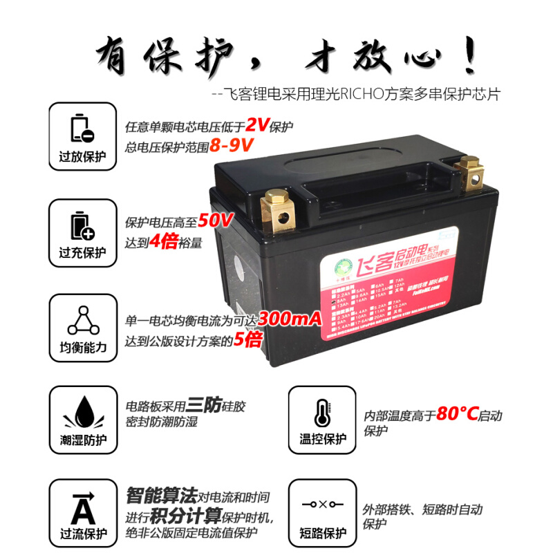 摩托车电瓶改飞客磷酸铁锂电池12V8Ah YTX5L 12N5 6MF5L铅酸通用 - 图0