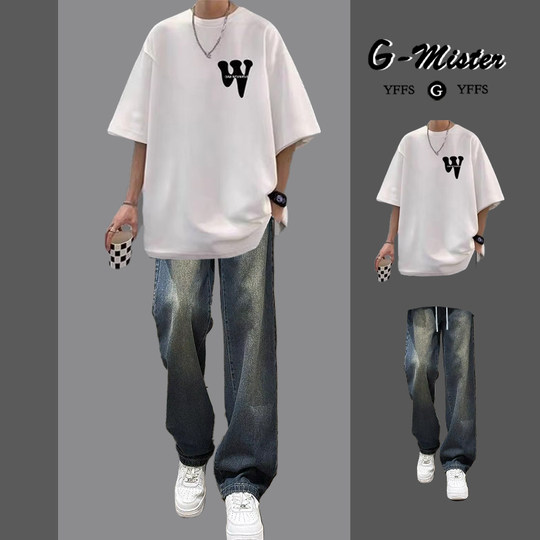 纯棉短袖套装男休闲穿搭一整套夏季搭配高街牛仔裤男装学生两件套