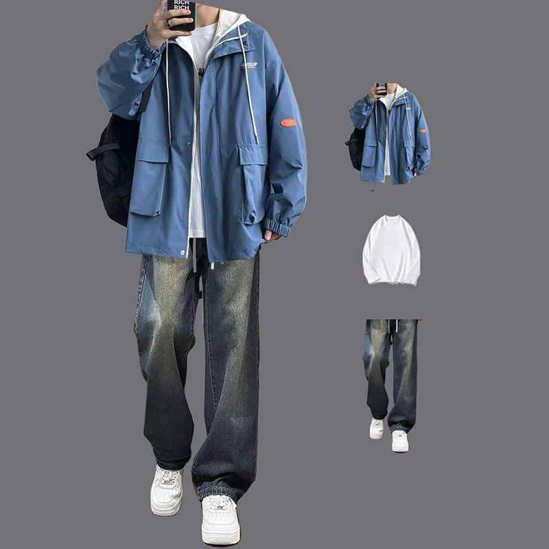春秋季冲锋衣套装男款假两件连帽工装夹克外套男生宽松美式三件套 - 图1