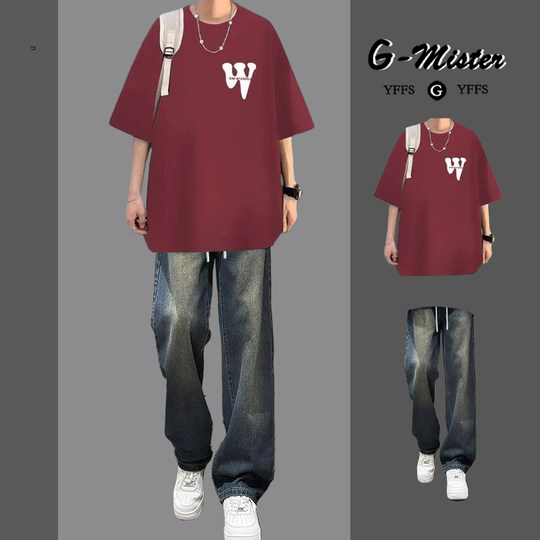 纯棉短袖套装男休闲穿搭一整套夏季搭配高街牛仔裤男装学生两件套