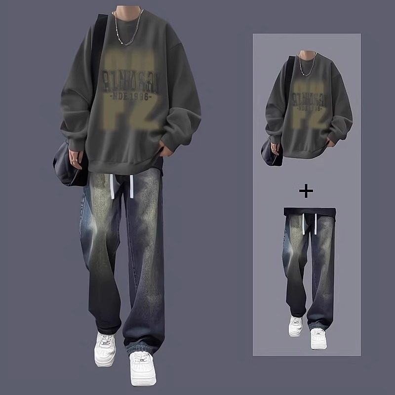 圆领卫衣男套装2024新款秋冬季加绒长袖美式上衣男装一套搭配帅气,淘宝优惠券,粉丝福利购,淘宝优惠卷