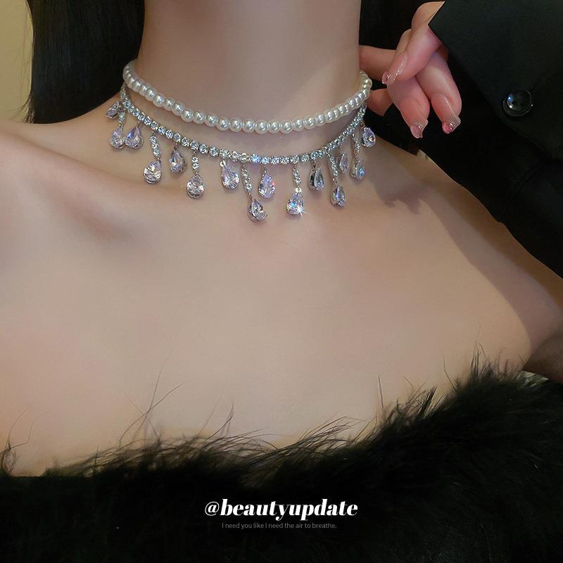 CAIFIRST巴洛克锆石珍珠镶钻水滴形吊坠项链时尚设计感颈链锁骨链