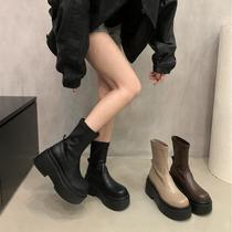 Tide card small sub thick bottom black Inlan short barrel knight boots Martin boots French autumn Winter women boots slim slim boot
