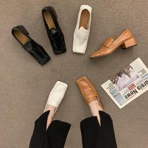 Boomer retro Inn wind pleated soft leather square head small leather shoes womens shoes 2023 New middle heel Heel Single Shoes