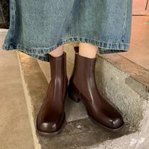 Tide Cards Western Boots Black Short Boots Women 2023 Autumn Winter New Square Head Chelsea Boots Thick Bottom Heightening Leather Boots