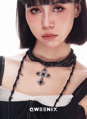 QWEENIX黑石钛钢项链重工哥特朋克多层叠戴复古黑吊坠十字架项链