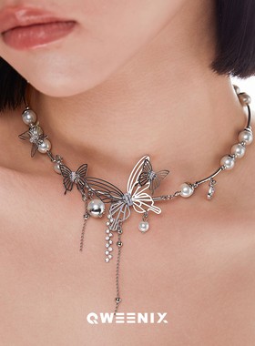 choker 镂空蝴蝶珍珠项链女轻奢小众高级感锁骨链2024新款爆款