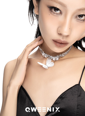 QWEENIX  choker小众新中式银色渐变花朵蝴蝶项圈颈链项链颈环女