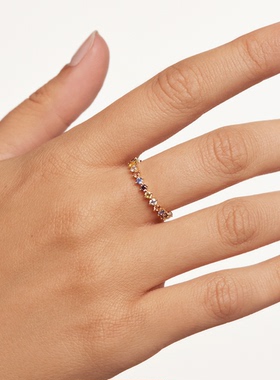 西班牙PD Pao小众INS银镀18k璀璨彩虹宝石满钻叠戴指环戒指女