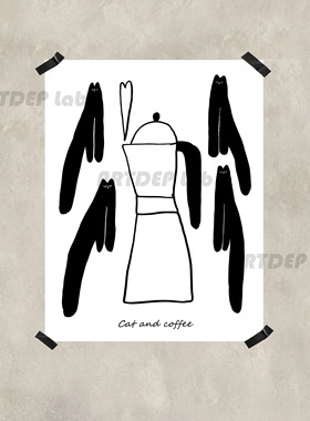 ATD猫与咖啡 咖啡馆饮品店 复古纸质手绘插画海报装饰画拍照墙贴