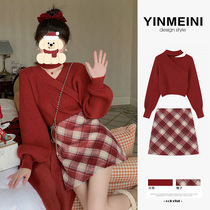 Winter clothing paired with a whole set of small scents red Sexy cross New Year New Year New Year wardrobes this year pop two sets of skirts