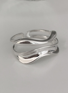 s925纯银独特双层波浪戒指女小众设计轻奢冷淡风时尚个性开口指环