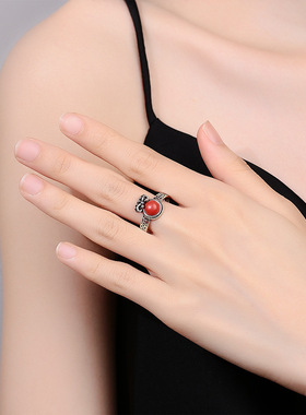 国潮风复古铜钱南红玛瑙钱袋戒指女简约做旧工艺设计钱币开口指环