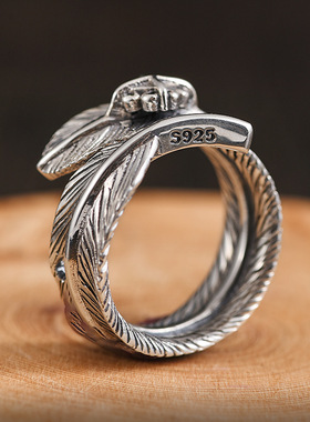 s925银羽毛戒指复古泰银霸气个性